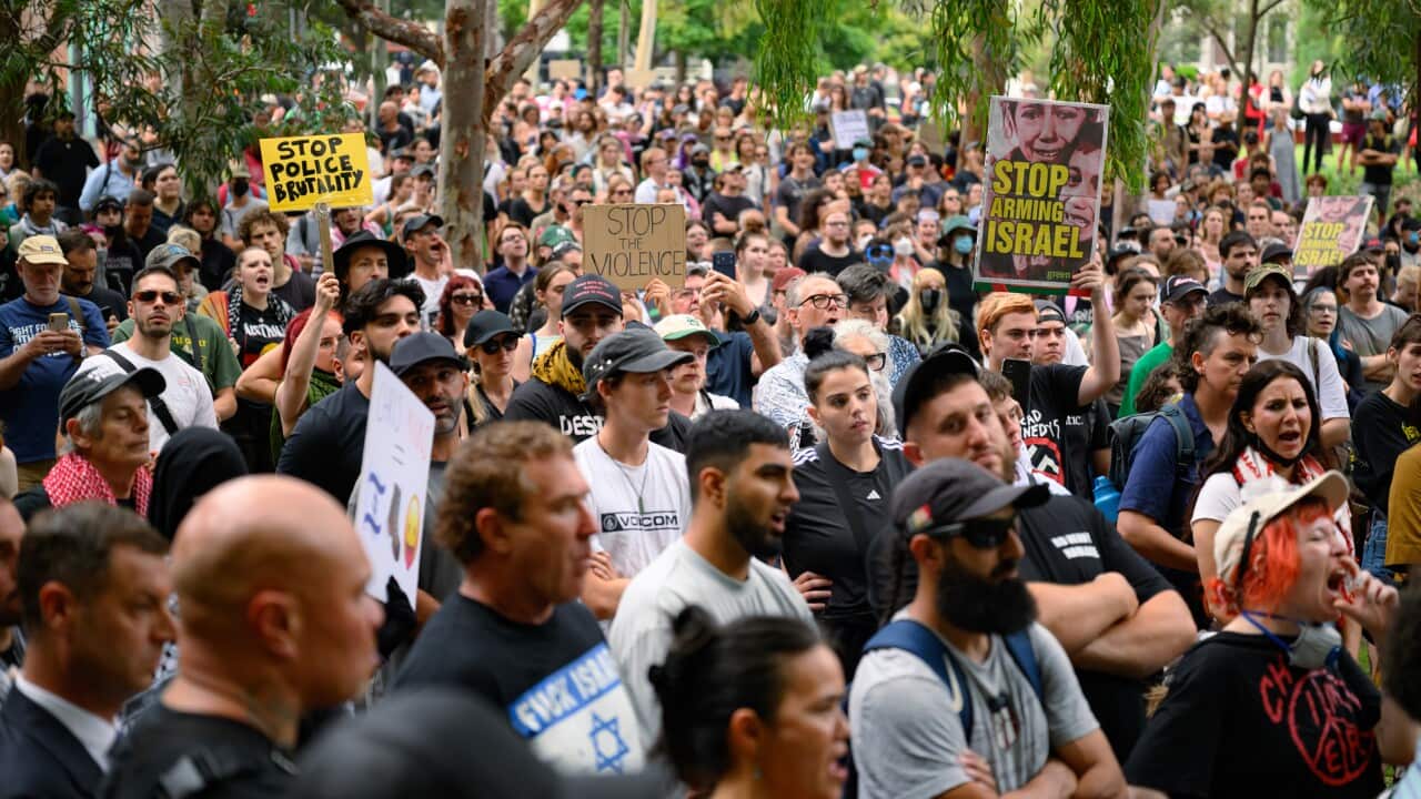 A large group of protesters gathering in a park