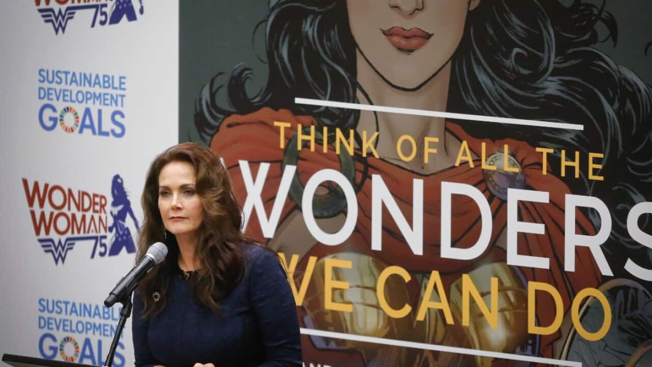 Lynda Carter, who played Wonder Woman on television, speaks during a UN meeting to designate Wonder Woman as an "Honorary Ambassador" in Oct 2016