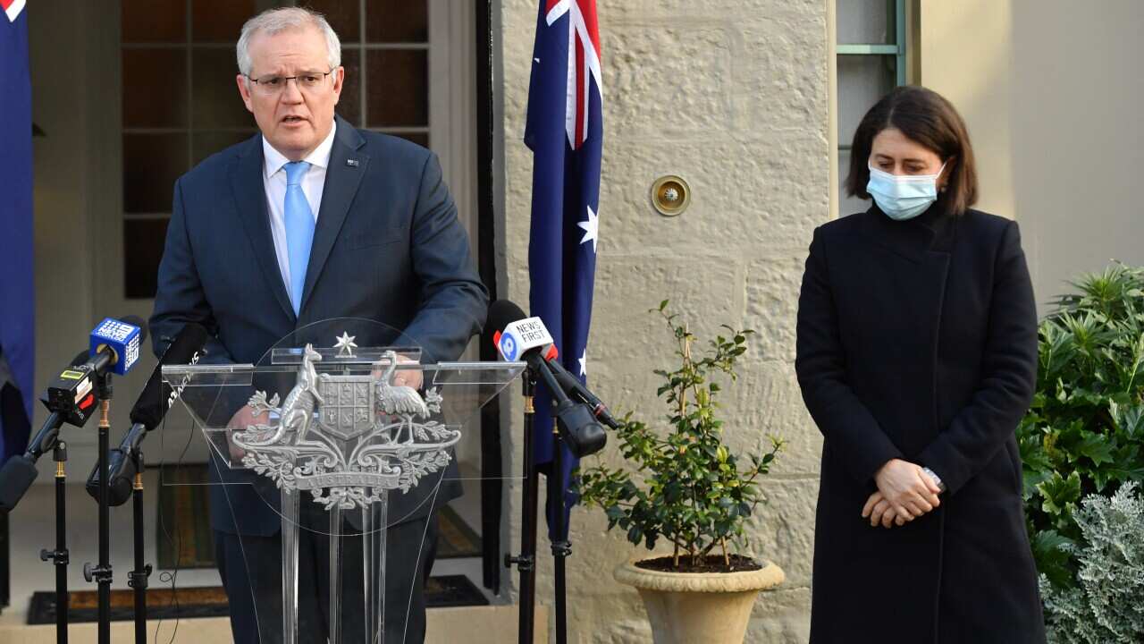 Prime Minister Scott Morrison and NSW Premier Gladys Berejiklian during the announcement of a Covid-19 financial support package at Kirribilli House.