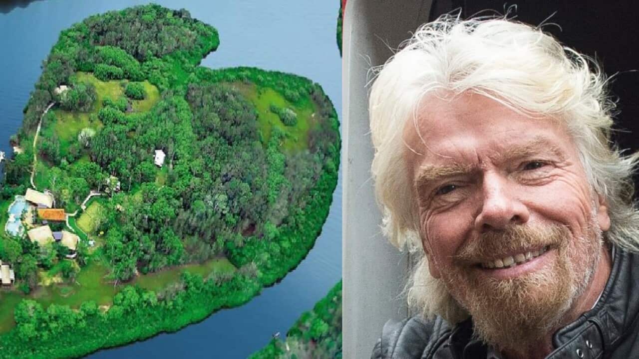 Composite image: Billionaire Richard Branson (R) and his island