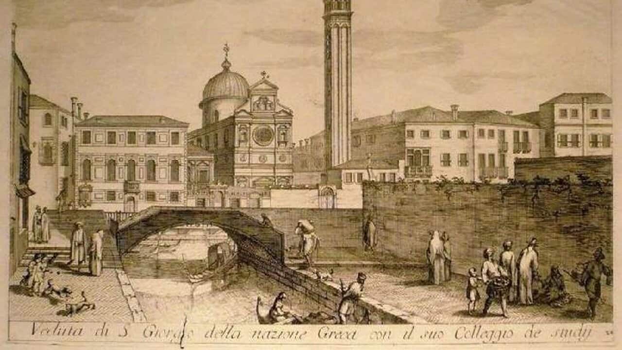 An early 18th c. sketch of the Greek centre of Venice. (left to right): the campanile of San Giorgio dei Greci and the church; on the left the Meeting House of the Greek confraternity of San Nicolò dei Greci.