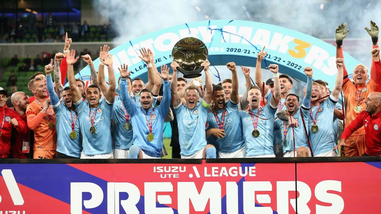 Melbourne City are presented with the Premiers Plate ahead of the A-League match between against Western Sydney Wanderers