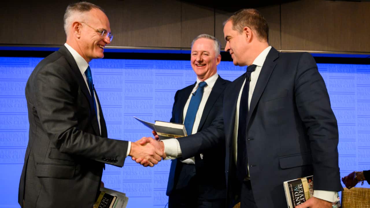 News Corp Executive Chairman Michael Miller, Nine Chief Executive Officer Hugh Marks and Managing Director ABC David Anderson at the National Press Club