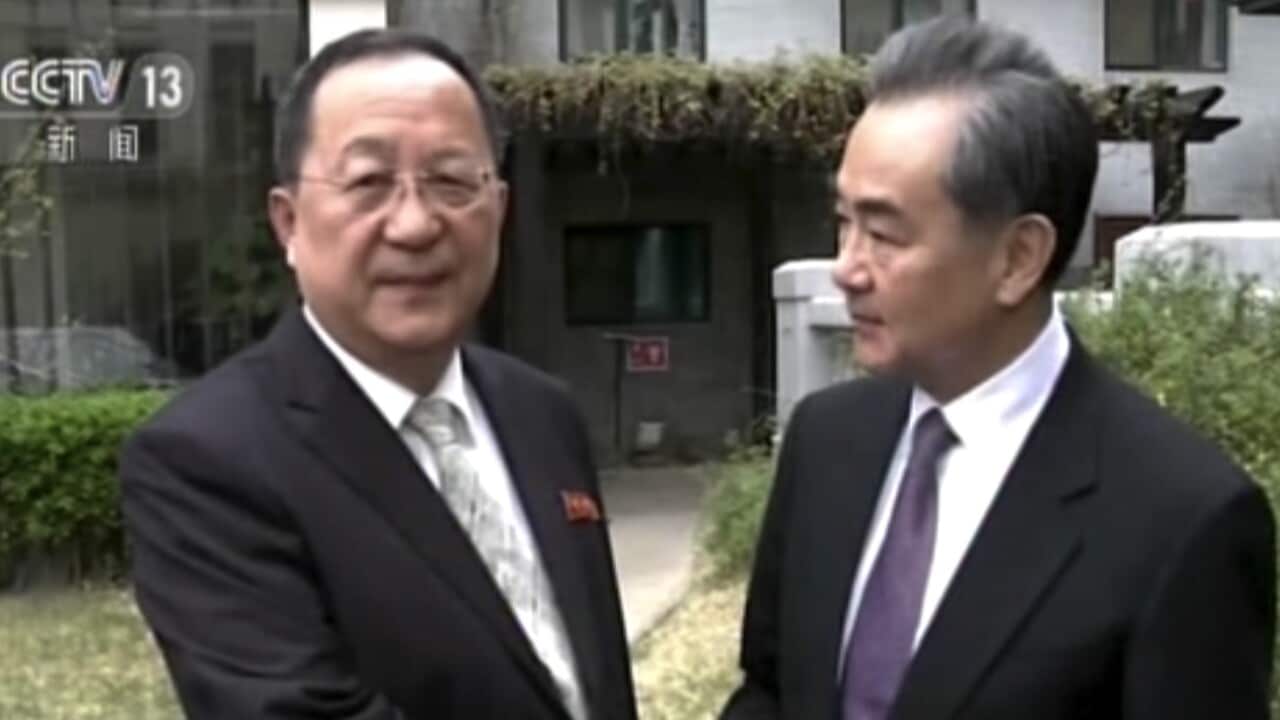 Chinese State Councilor and Foreign Minister Wang Yi, right, shakes hands with North Korea Foreign Minister Ri Yong Ho before their meeting in Beijing.