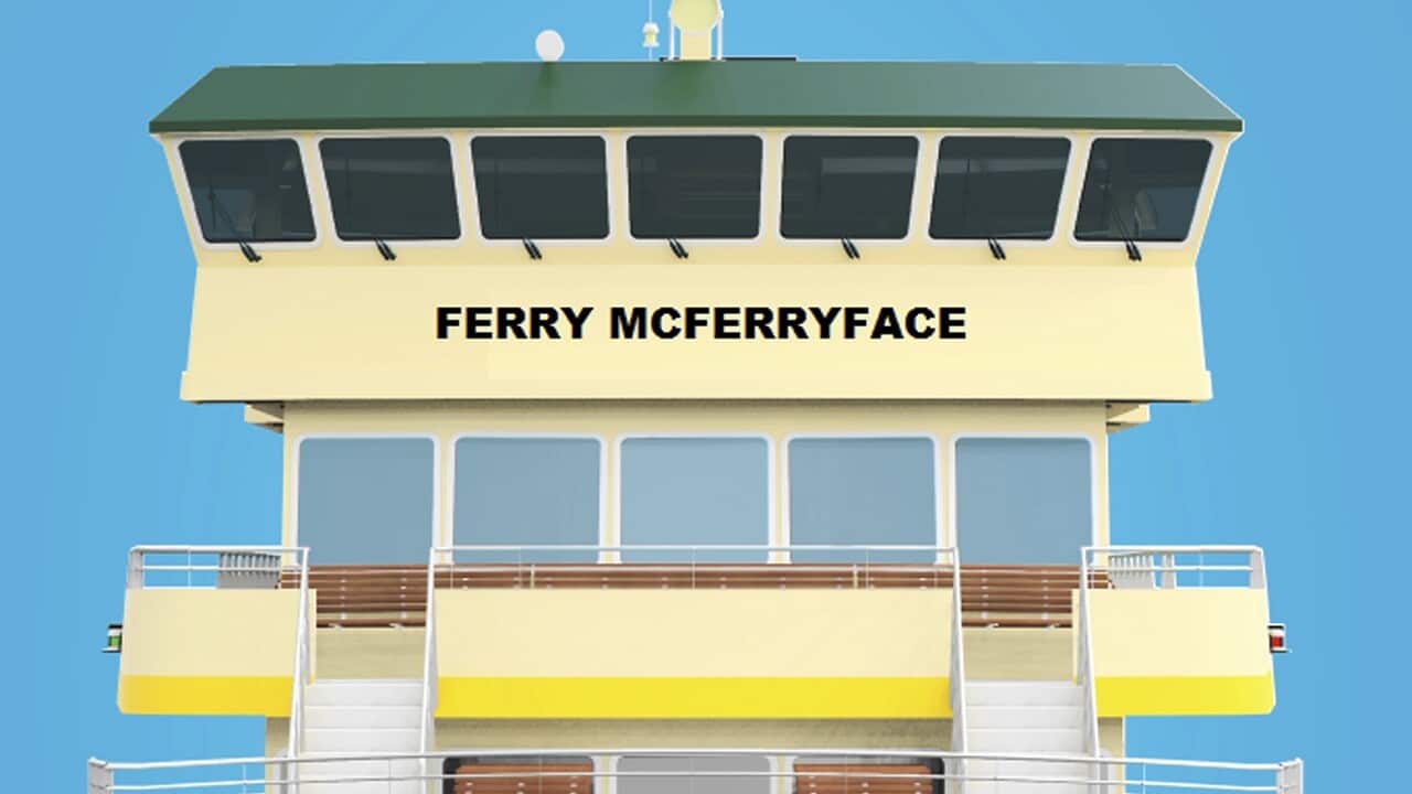 Design of the last ferry in a new Sydney Harbour fleet christened Ferry McFerryface. 