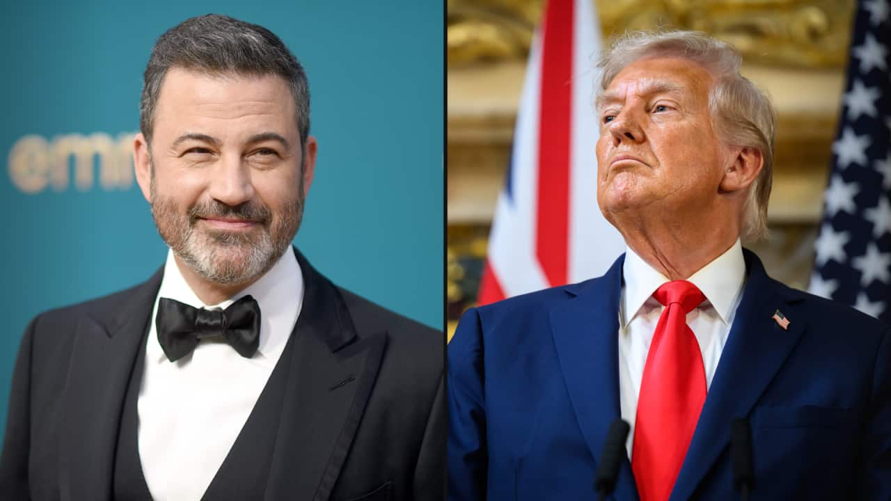 Side-by-side photos of Jimmy Kimmel and Donald Trump.