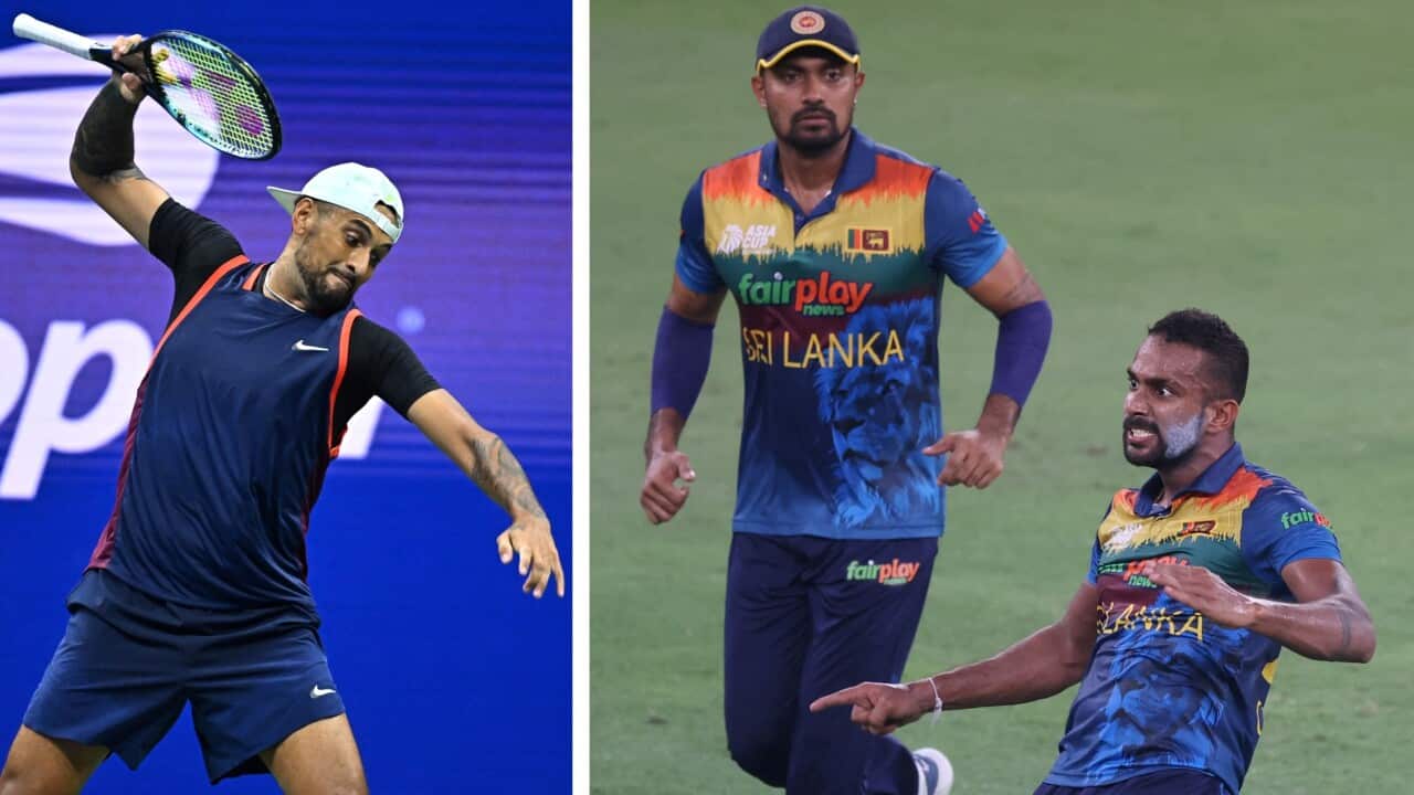 Asia Cup T20 cricket match at the Dubai International Cricket Stadium in Dubai in 2022_ Nick Kyrgios (AUS)) plays his quarter-final match at the 2022 US Open at Billie Jean National Tennis Center in New York City