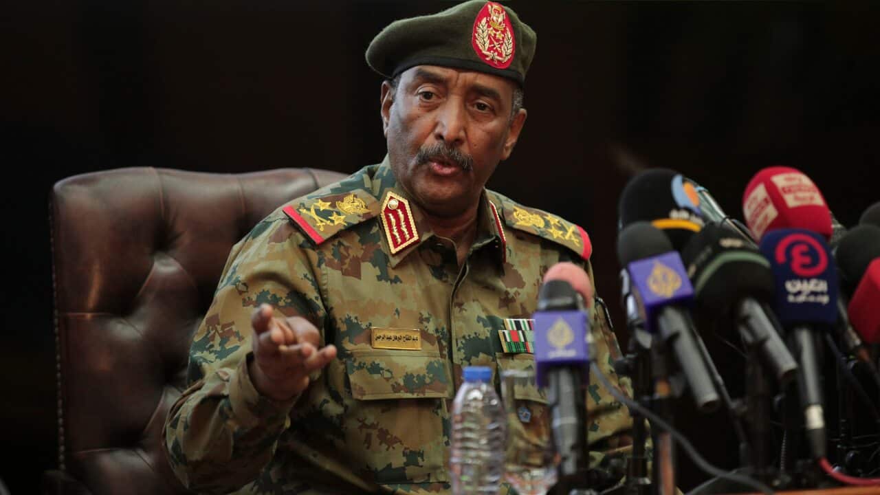 Sudan's head of the military, General Abdel-Fattah Burhan, speaks during a press conference at the General Command of the Armed Forces in Khartoum, Sudan.