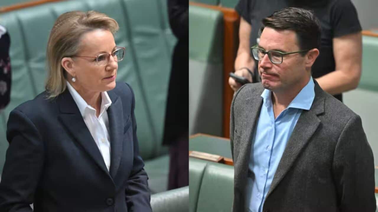 A picture each of the leader of the opposition, Sussan Ley, and National Party leader David Littleproud facing standing in Parliament put together so each of them is facing each other.