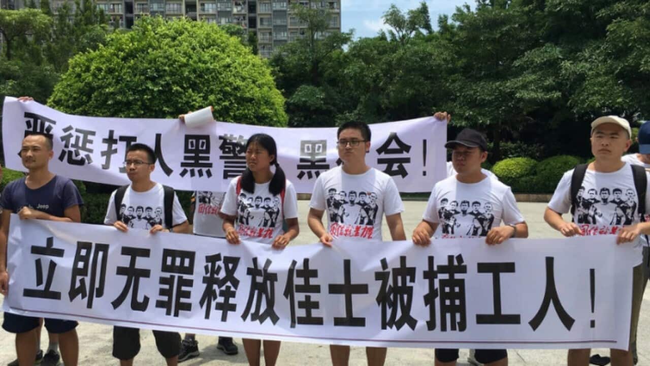 Activists in Shenzhen last month protested in support of workers’ rights.