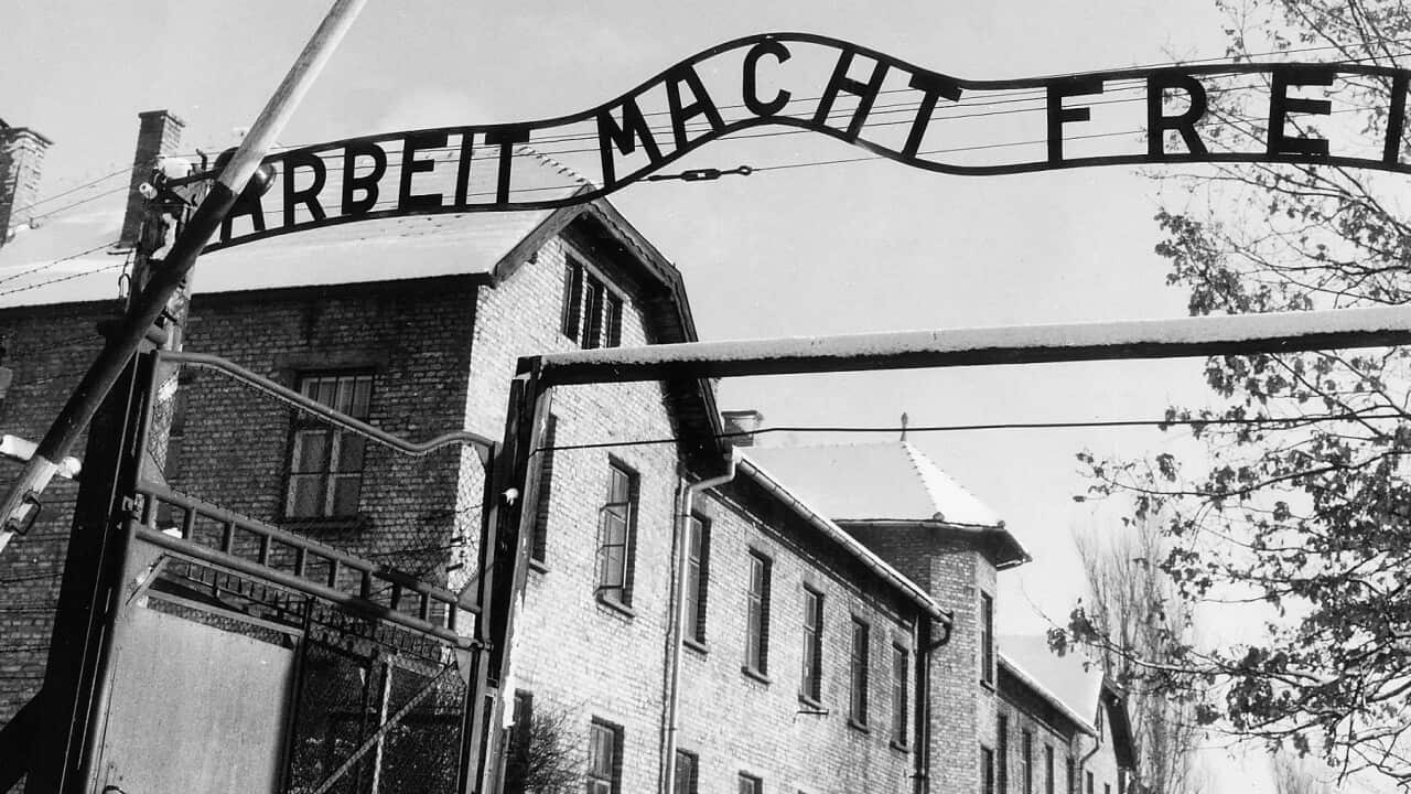 The entrance to Auschwitz concentration camp with the sign 'Work sets you free'