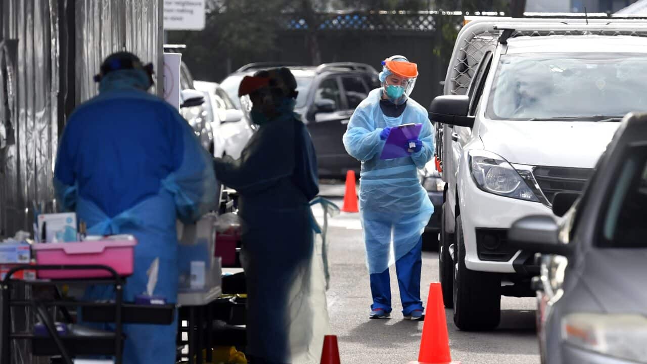 Health workers are seen at a pop up COVID-19 testing clinic at the Blacktown Showgrounds