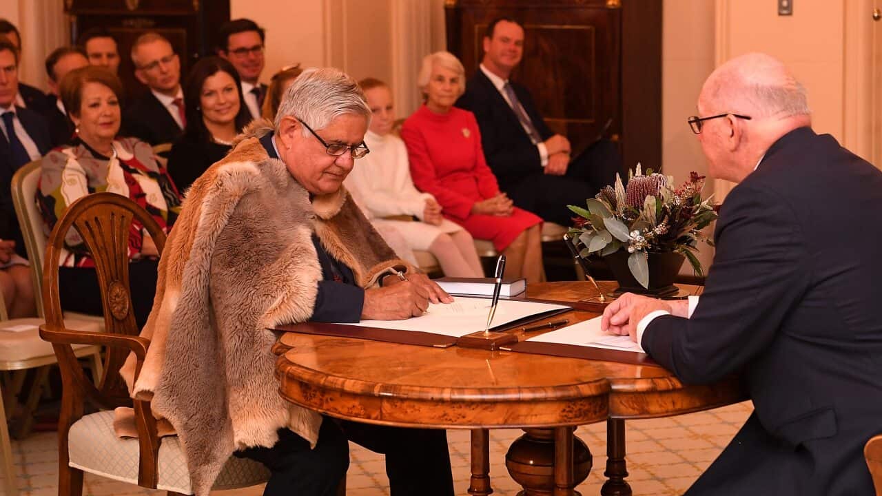 Member for Hasluck Ken Wyatt (left) is sworn in as the as Minister for Indigenous Australians by Governor-General Sir Peter Cosgrove