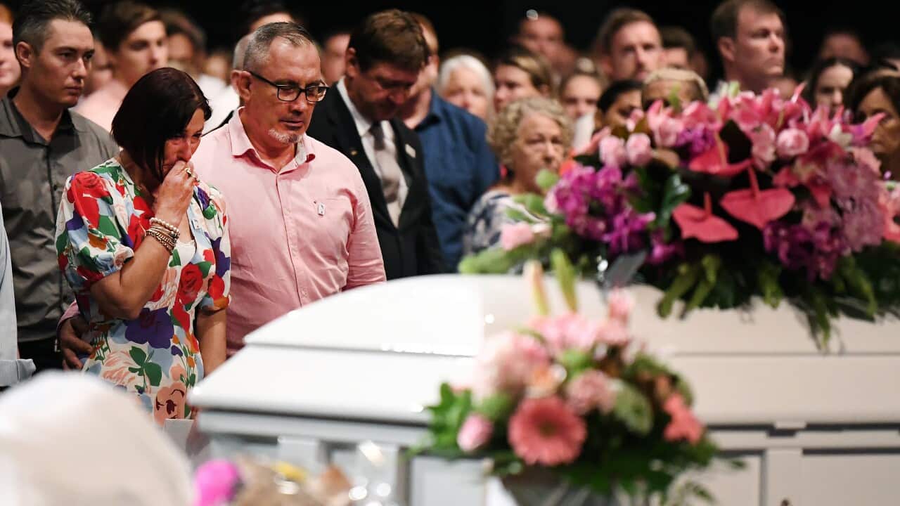 Hannah Clarke's parents Suzanne and Lloyd are seen during the funeral for Hannah and her three children Aaliyah, Laianah and Trey in Brisbane,  9 March, 2020. 