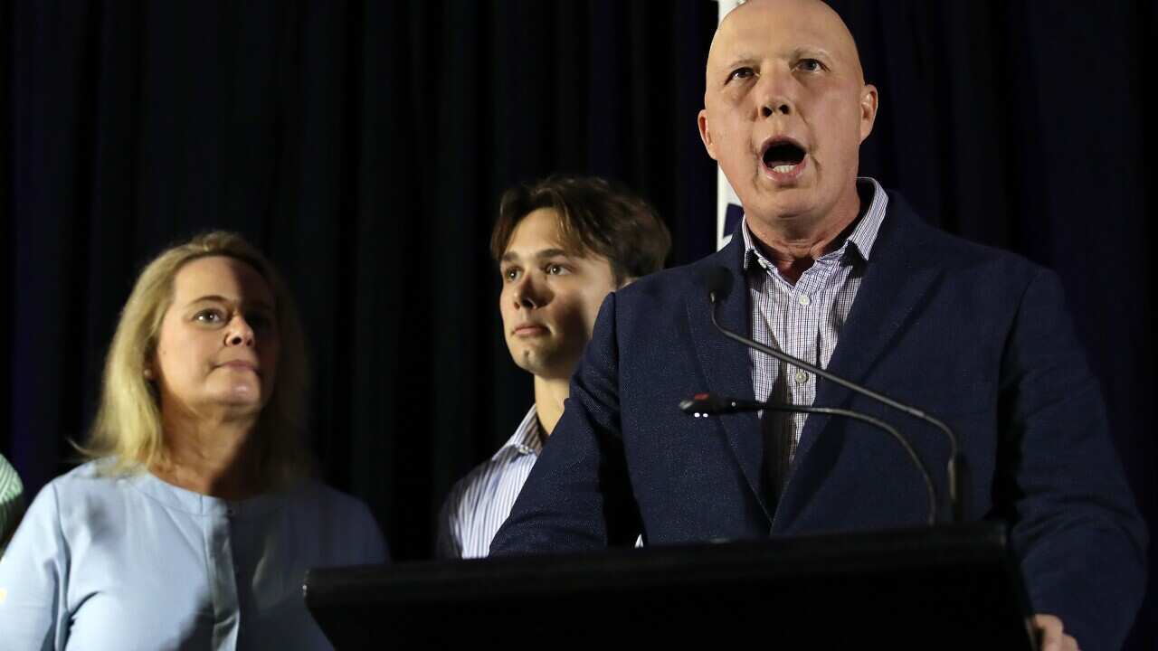 Peter Dutton speaks at his Liberal Reception for the 2022 Federal Election, in the seat of Dickson, Brisbane, Saturday, May 21, 2022. More than 17 million Australians have voted to elect the next federal government. (AAP Image/Jono Searle) NO ARCHIVING