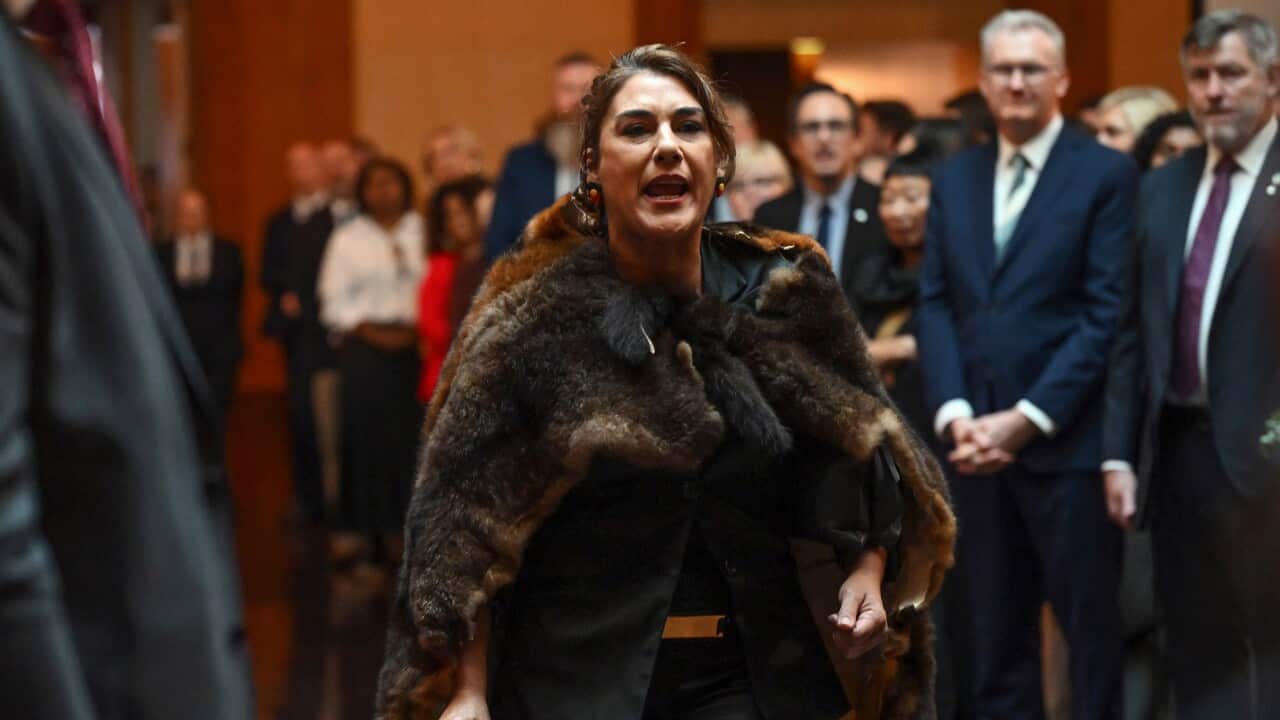 Australian senator Lidia Thorpe protests during the Ceremonial Welcome to Australia for King Charles III and Queen Camilla at Australian Parliament House in Canberra, marking the King's first visit as sovereign to Australian Parliament House,