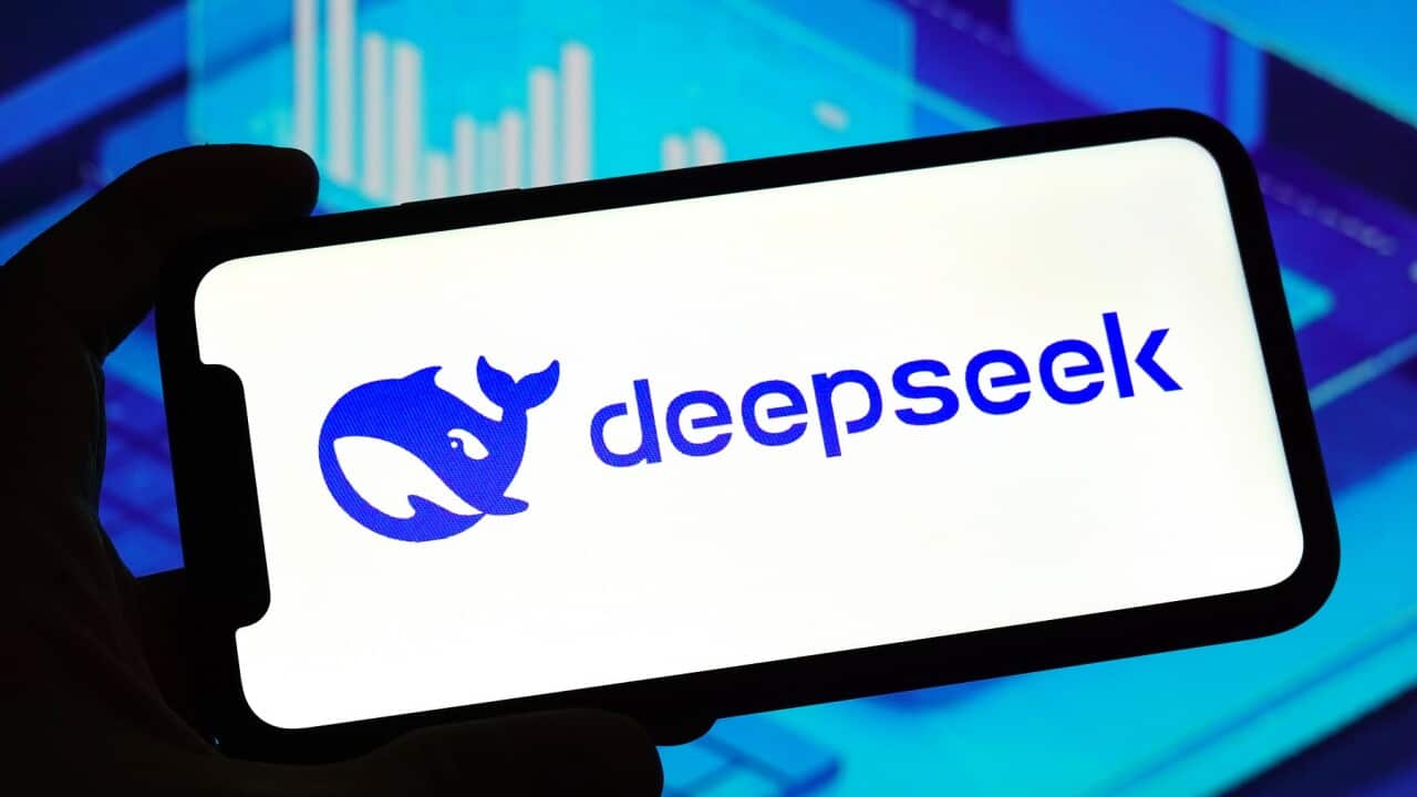 Deepseek logo is displayed on the screen of a smartphone.