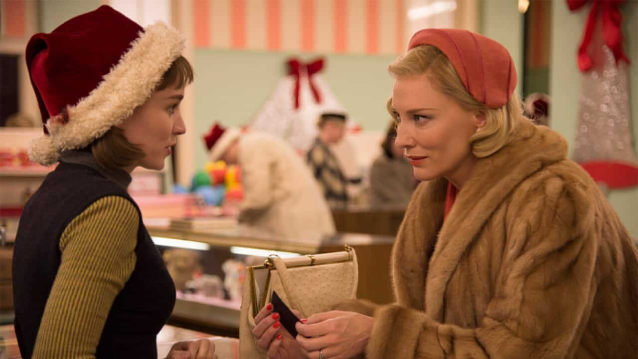 Rooney Mara with Cate Blanchett in Carol.