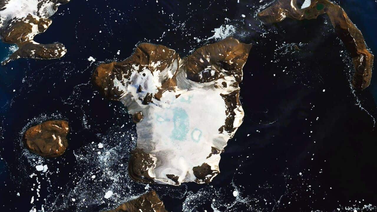A satellite image showing melting on the ice cap of Eagle Island, Antarctica