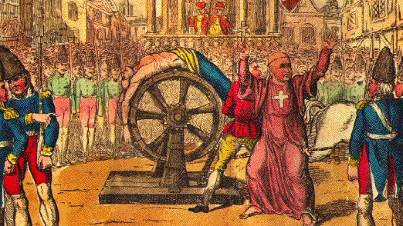 English: "The cruel death of Calas, who was broke on the wheel at Toulouse, March 9th, 1762." Frontispiece of an English chapbook.