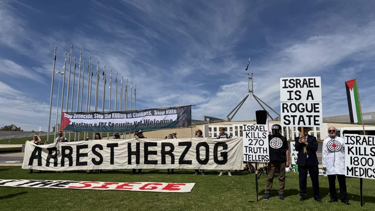 People holding up "arrest Herzog" and anti-Israel banners on the laws of parliament.