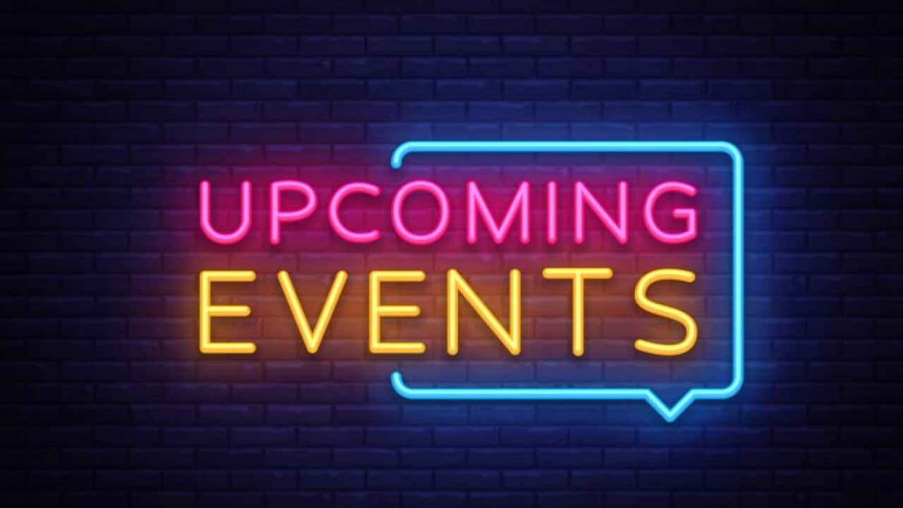 Upcoming Events neon signs vector. Upcoming Events design template neon sign, light banner, neon signboard, nightly bright advertising, light inscription. Vector illustration