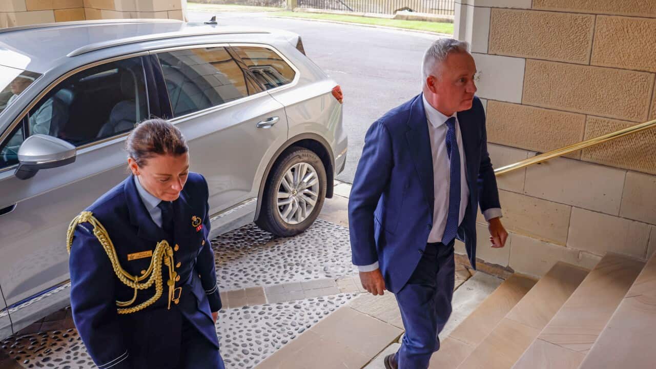 Tasmanian Premier Jeremy Rockliff walking up the steps at Government House in Hobart, with a woman in military style dress.