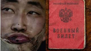 A composite image of a wounded soldier on the left and a red passport on the right