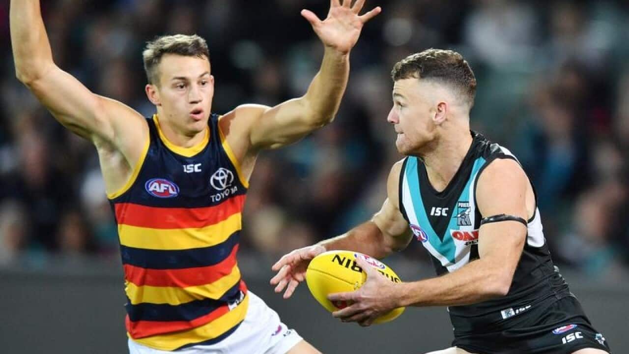 Tom Doedee of the Crows and Robbie Gray of the Power.