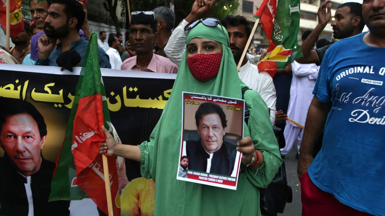Supporters of the opposition Pakistan Tehreek-e-Insaf (PTI) party protest in Hyderabad