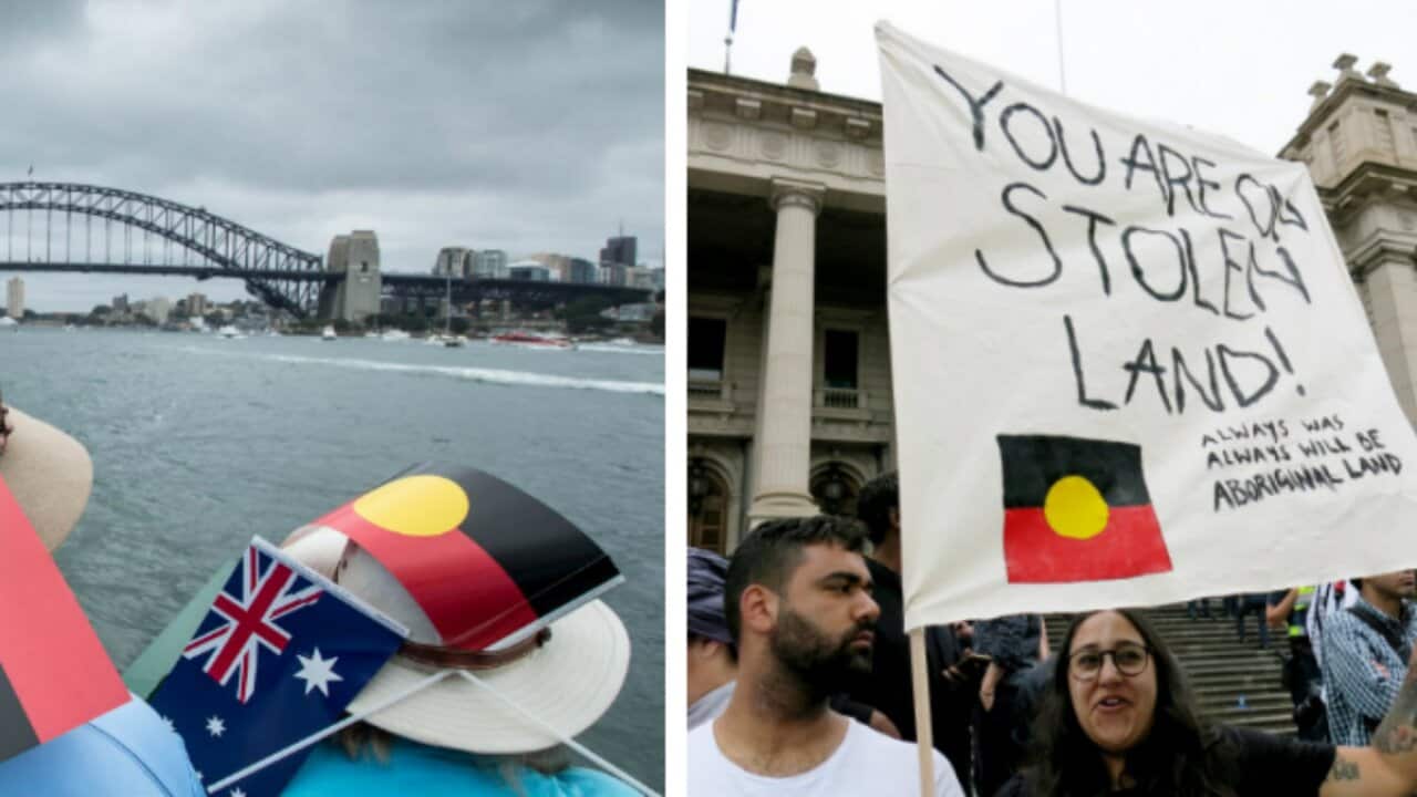 People wearing Australian and Aboriginal flags during the Australia Day Ferrython on Sydney Harbour, friday, january 26, 2018(left), People attend an Invasion Day protest march in Melbourne, Thursday, Jan. 26, 2017