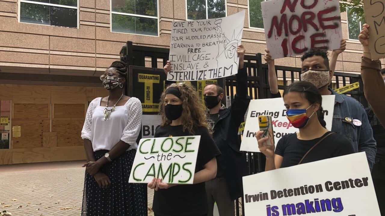 Dawn Wooten, left, a nurse at Irwin County Detention Center in Ocilla, Georgia, speaks at a Tuesday, 15 September, 2020 news conference in Atlanta 