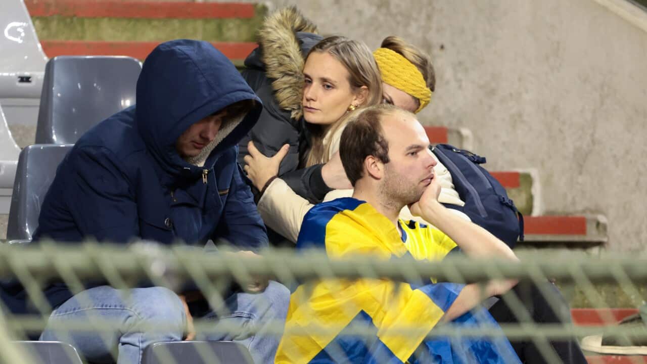 People wrapped in Swedish flags in a stadium