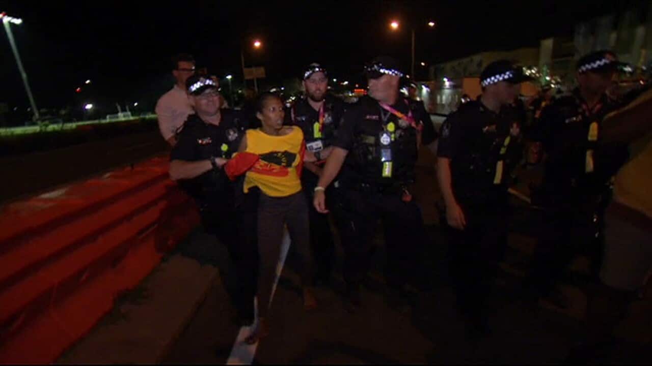 Indigenous protesters have been arrested outside the Gold Coast stadium. 