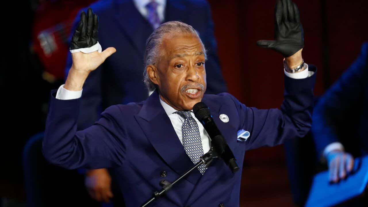 The Rev. Al Sharpton speaks at a memorial service for George Floyd at North Central University Thursday, June 4, 2020, in Minneapolis. (AP Photo/Julio Cortez)