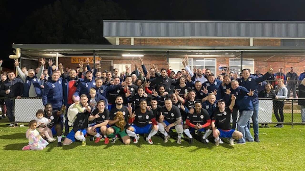Dianella White Eagles celebrate after winning WA State Division 2 title, Serbian Community, Football Club, Perth, Western Australia