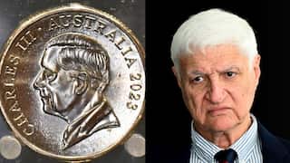 Composite image of Bob Katter and a coin featuring the effigy of King Charles III.