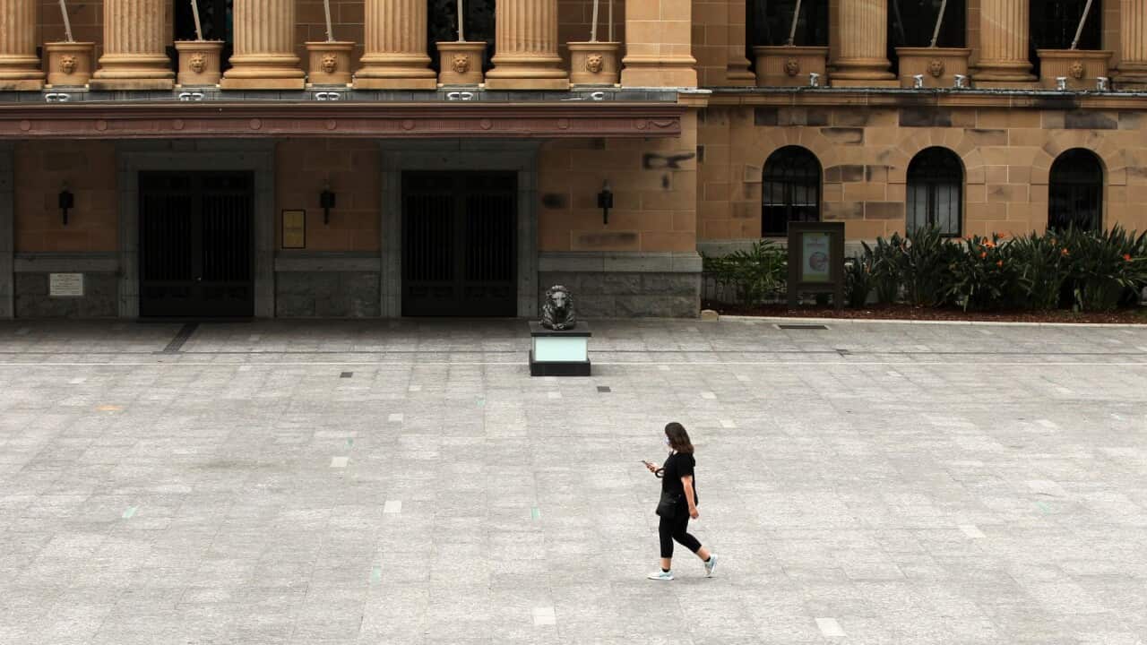 King George Square nel CBD di Brisbane durante il lockdown di tre giorni imposto per evitare la diffusione del COVID.