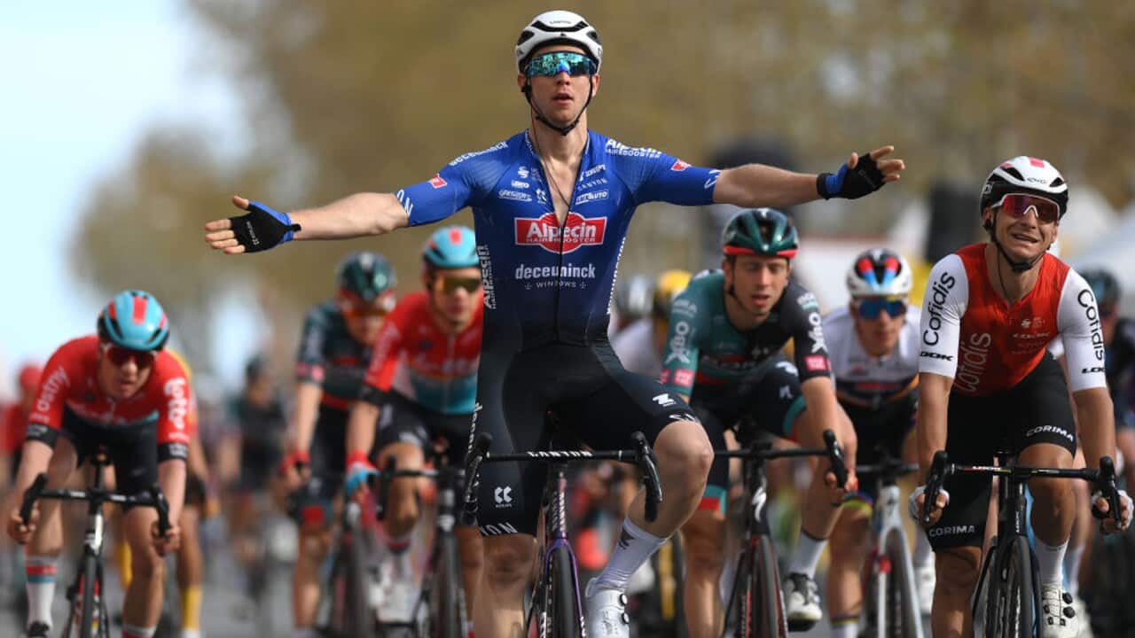 Kaden Groves of Alpecin-Deceuninck celebrates after winning Stage 6 of Volta a Catalunya