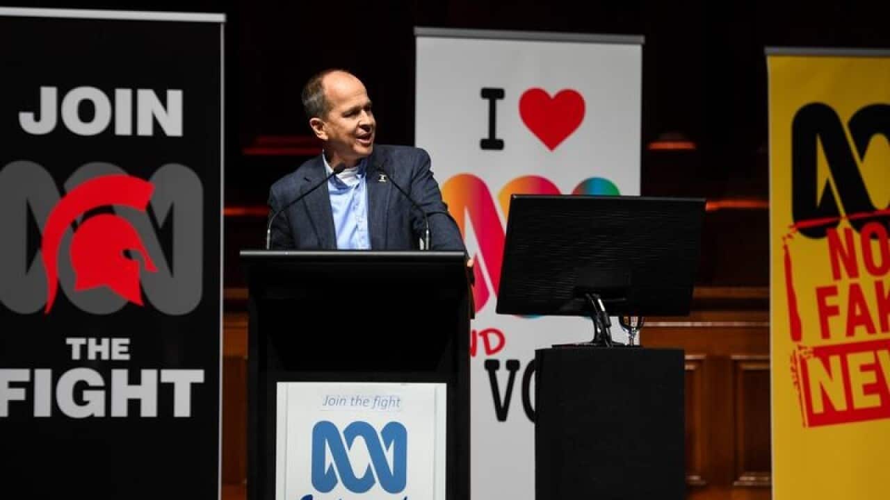 Journalist Peter Greste speaks during a Friends of the ABC rally