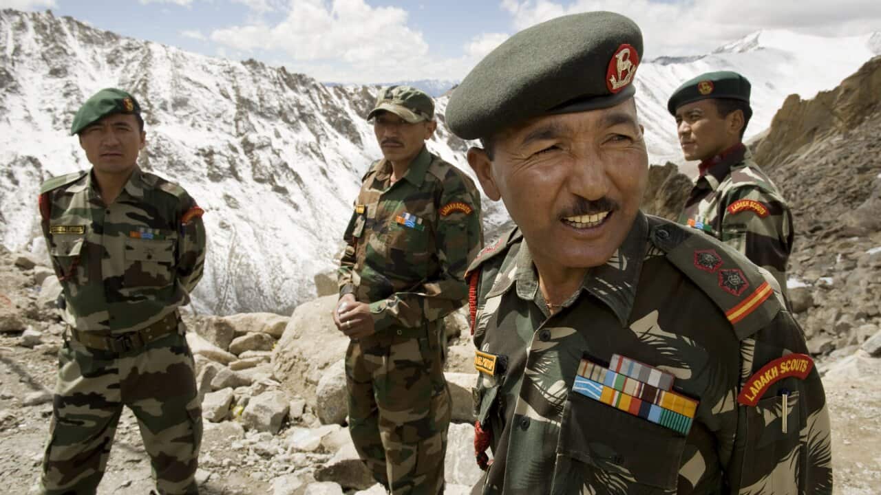 Members of the Ladakh Scouts infantry regiment at Khardung La, a mountain pass in the Ladakh Range of the Himalayas in the Jammu and Kashmir of India.