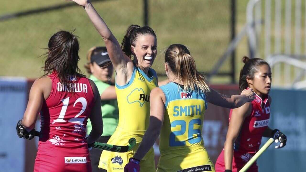 the Hockeyroos celebrating a goal against Japan