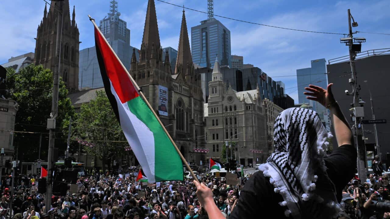 A person holding a Paletsinian flag in front of large group of students at the intersection of a city street