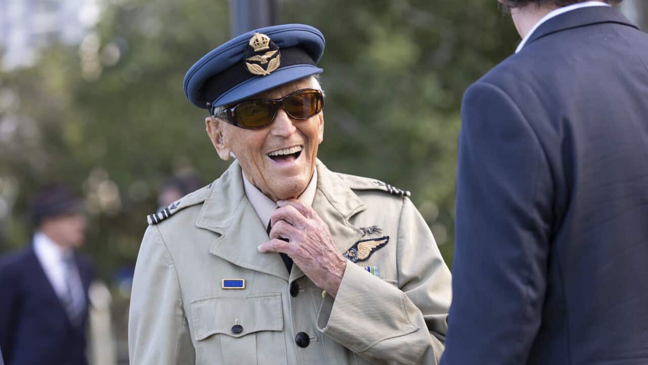 Brian Winspear OM, during a memorial service commemorating the 80th Anniversary of the Sinking of the USS Peary at USS Peary Memorial in Bicentennial Park, Darwin, Saturday, February 19, 2022. (AAP Image/George Fragopoulos) NO ARCHIVING