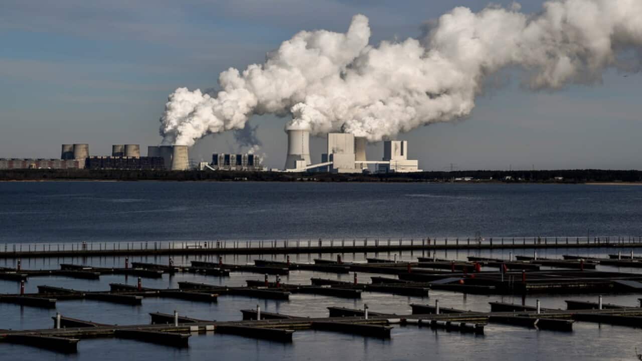 Water vapor rising from the lignite-fired power station