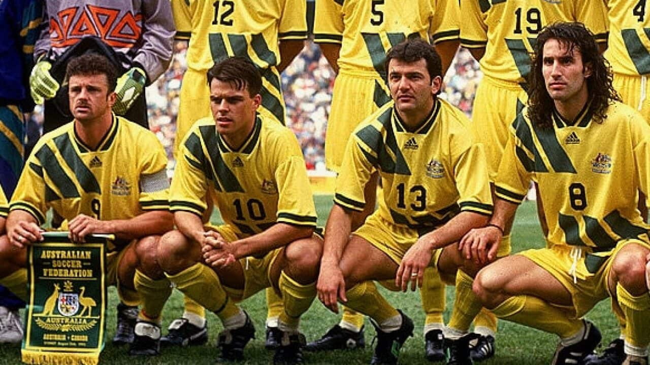 Graham Arnold, Jason Van Blerk, Mehmet Durakovic and Aurelio Vidmar line up before the World Cup qualifier versus Canada in 1993.