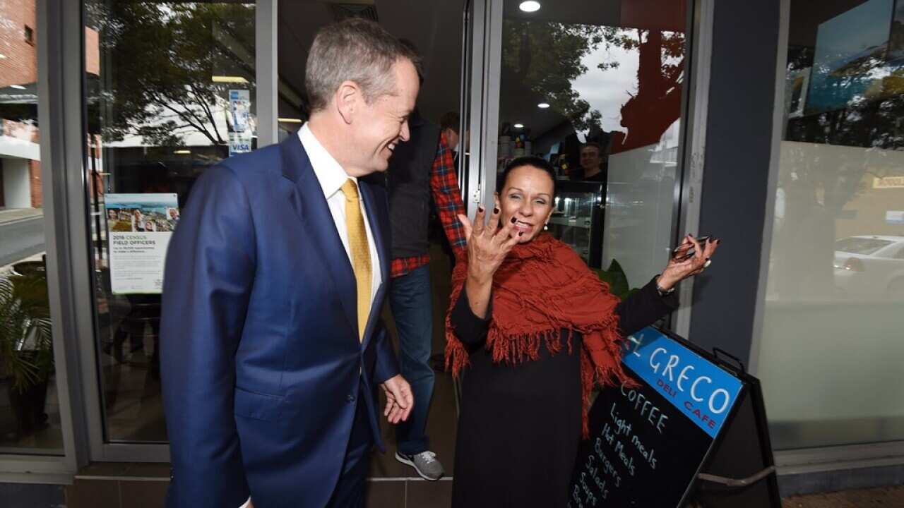 Leader of the Opposition Bill Shorten and Labor candidate for Barton Linda Burney on a street walk at Rockdale shopping strip as part of the 2016 election campaign in Sydney, Wednesday, June 1, 2016. (AAP Image/Mick Tsikas) NO ARCHIVING