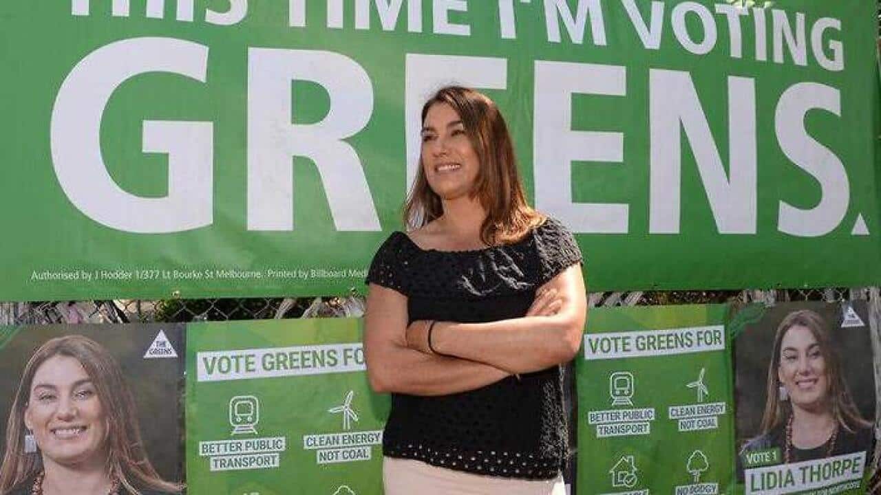 Greens' Northcote candidate Lidia Thorpe during the state by-election for the Northcote District at Thornbury Primary school in Melbourne, Saturday.