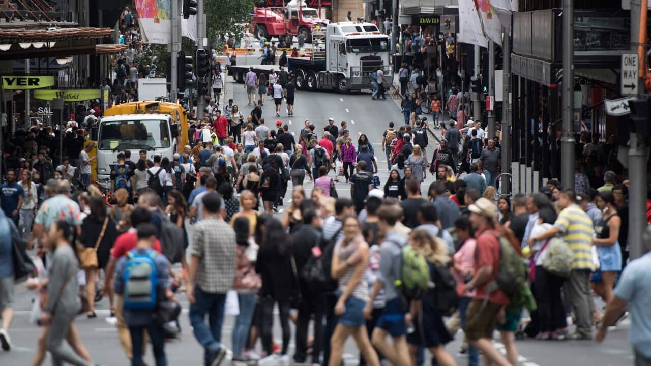 Semi trailers and concrete bollards are used to block streets around Pitt Street Mall, George Street and Elizabeth Streets during the Boxing Day sales in the CBD in Sydney, Tuesday, December 26, 2017. (AAP Image/Dean Lewins) NO ARCHIVING