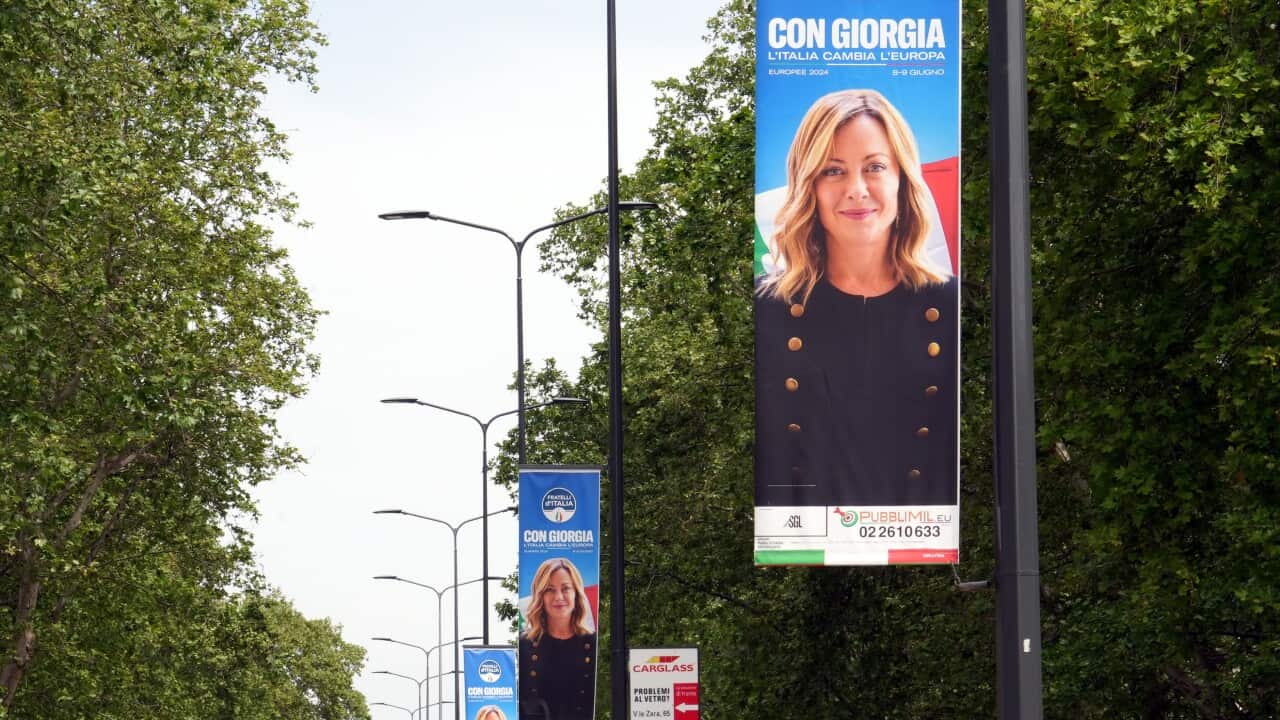 Billboard, electoral advertising by Fratelli D' Italia with Giorgia Meloni for the European elections